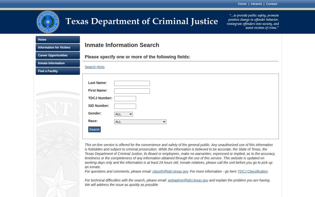 Washington County TDCJ released inmate search form